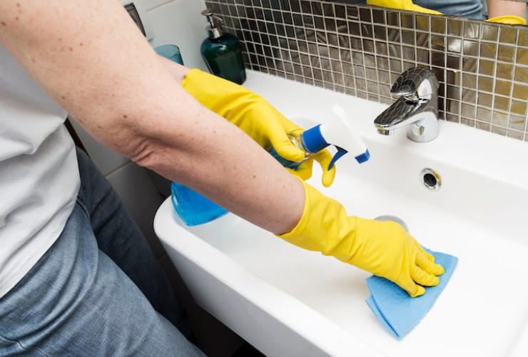 Persona che pulisce il bagno