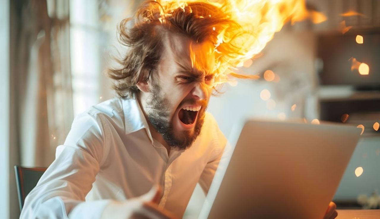 Giovane uomo disperato al pc